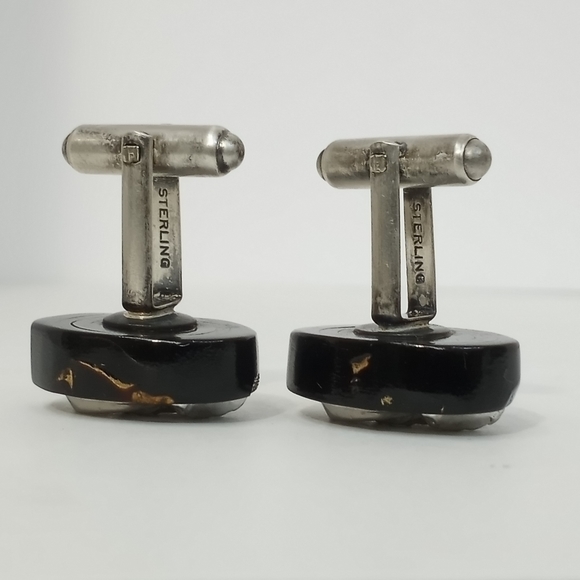 Sterling Silver Warrior Head Cufflinks Black Lacquered Wood? Mid 1900s Vintage - Picture 2 of 6